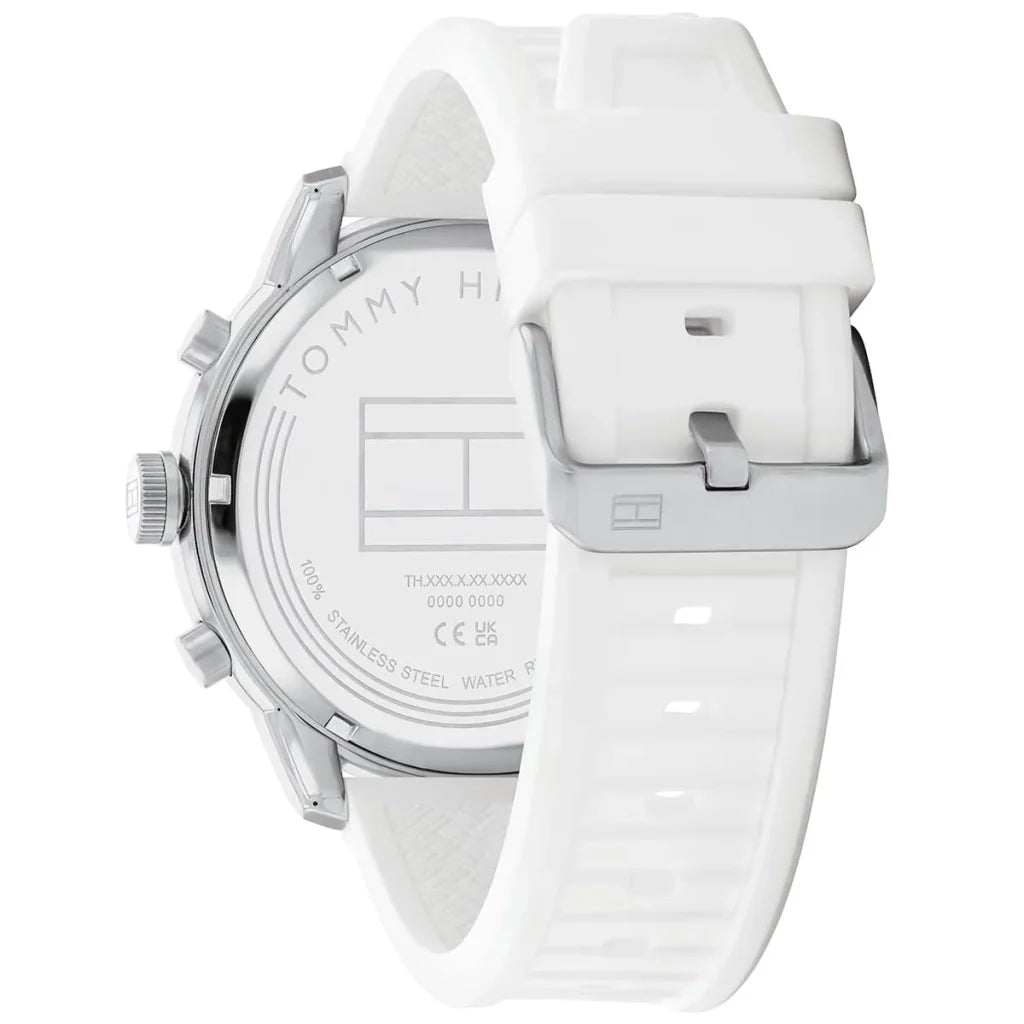 Profile view of Tommy Hilfiger Wild showing case thickness and white rubber strap