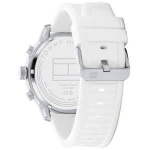 Profile view of Tommy Hilfiger Wild showing case thickness and white rubber strap