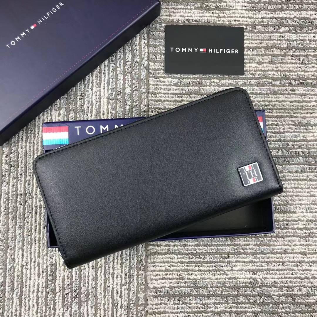 Front view of Tommy Hilfiger Black Long Zip-Around Wallet with Square Enamel Logo