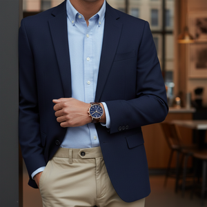 Male model wearing Tommy Hilfiger 1791798 rose gold watch with a formal suit