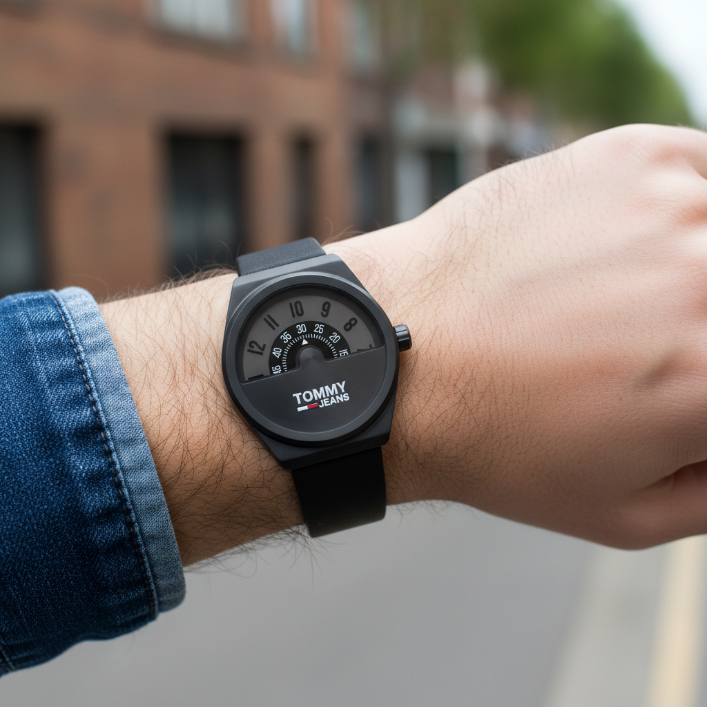 Close up of innovative jump hour display on the matte black dial of Tommy Jeans 1791773