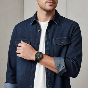 Man wearing edgy Tommy Jeans Monogram Pop 1791773 watch with black leather strap