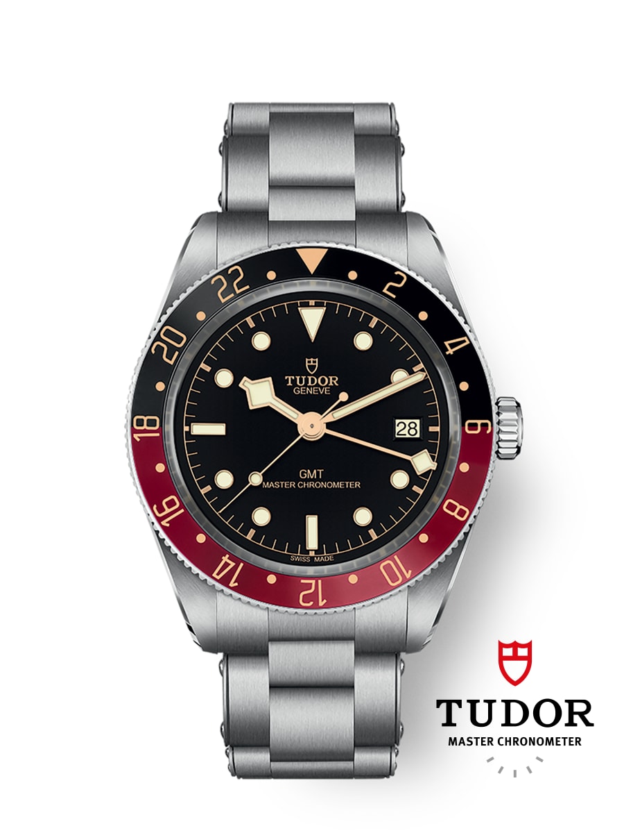 Tudor Black Bay 58 GMT M7939G1A0NRU-0001 men's GMT watch, 39mm stainless steel case, black dial, burgundy and black bezel, steel bracelet – front view
