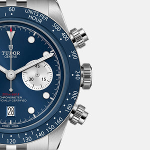 Tudor Black Bay Chrono M79360B-0002 men's chronograph watch, 41mm stainless steel case, blue dial, steel bracelet – dial close-up