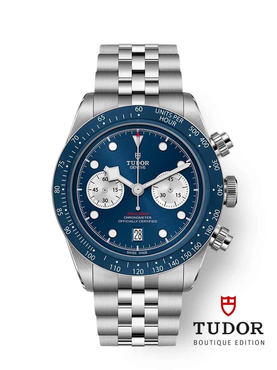 Tudor Black Bay Chrono M79360B-0002 men's chronograph watch, 41mm stainless steel case, blue dial, steel bracelet – front view
