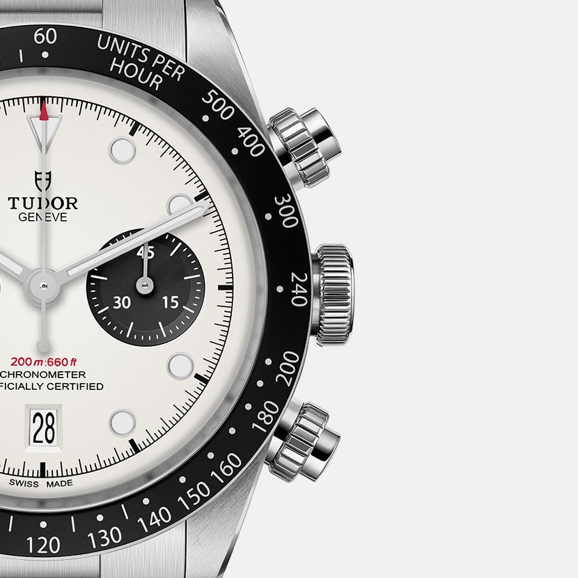 Tudor Black Bay Chrono M79360N-0012 men's chronograph watch, 41mm stainless steel case, white panda dial, steel bracelet – dial close-up