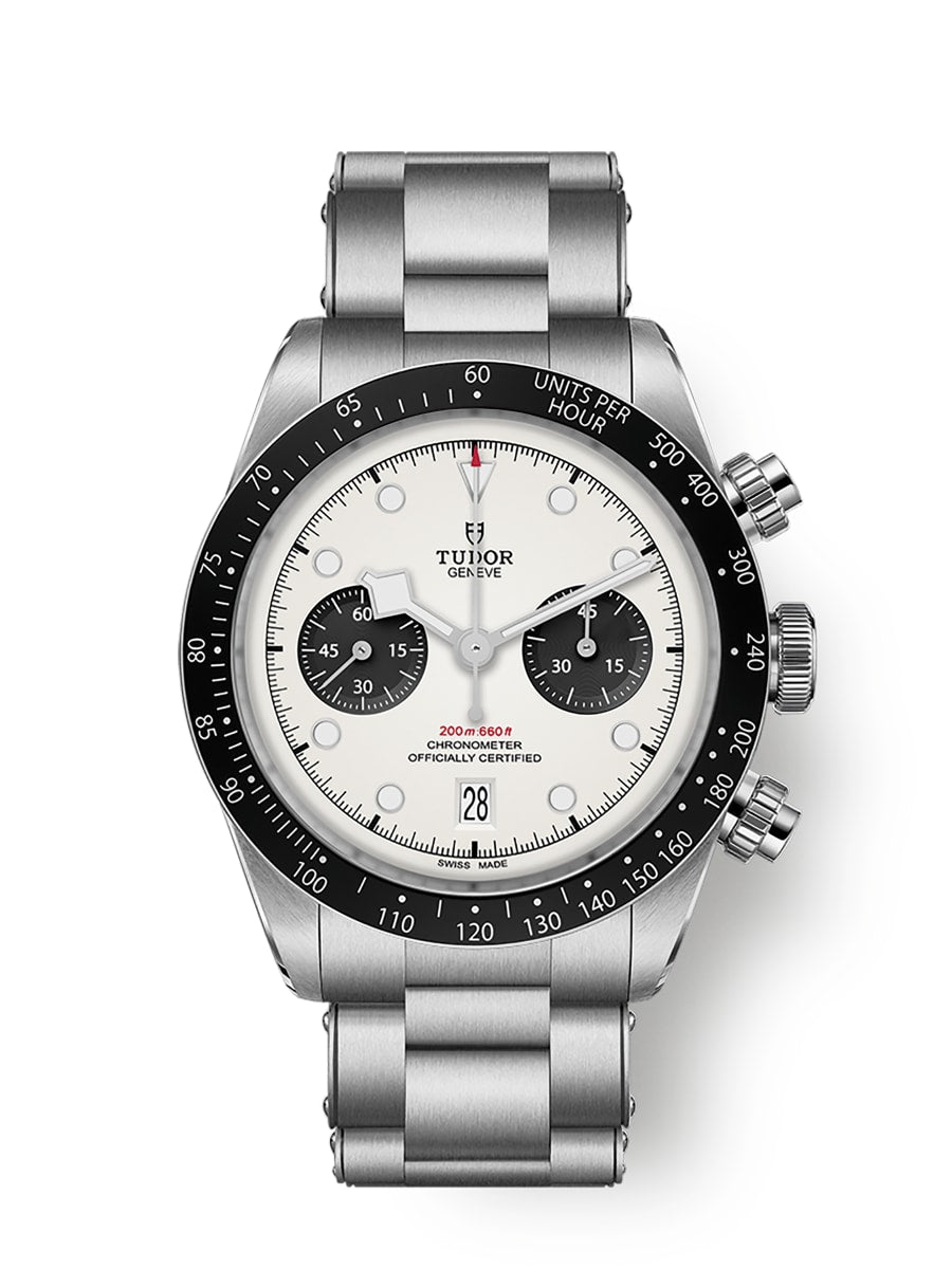 Tudor Black Bay Chrono M79360N-0012 men's chronograph watch, 41mm stainless steel case, white panda dial, steel bracelet – front view