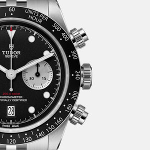 Tudor Black Bay Chrono M79360N-0013 men's chronograph watch, 41mm stainless steel case, black dial, steel bracelet – dial close-up