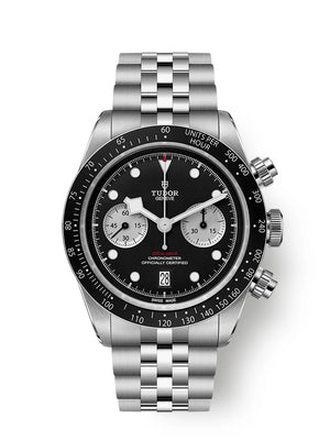 Tudor Black Bay Chrono M79360N-0013 men's chronograph watch, 41mm stainless steel case, black dial, steel bracelet – front view