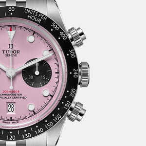 Tudor Black Bay Chrono M79360N-0019 men's chronograph watch, 41mm stainless steel case, pink dial, steel bracelet – dial close-up