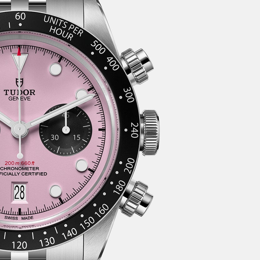 Tudor Black Bay Chrono M79360N-0019 men's chronograph watch, 41mm stainless steel case, pink dial, steel bracelet – dial close-up