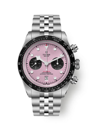 Tudor Black Bay Chrono M79360N-0019 men's chronograph watch, 41mm stainless steel case, pink dial, steel bracelet – front view