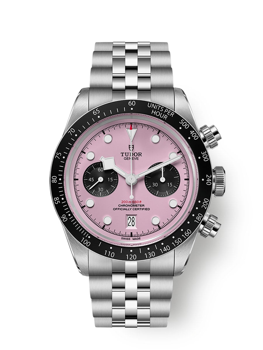 Tudor Black Bay Chrono M79360N-0019 men's chronograph watch, 41mm stainless steel case, pink dial, steel bracelet – front view