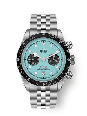 Tudor Black Bay Chrono M79360N-0024 men's chronograph watch, 41mm stainless steel case, Flamingo Blue turquoise dial, steel bracelet – front view