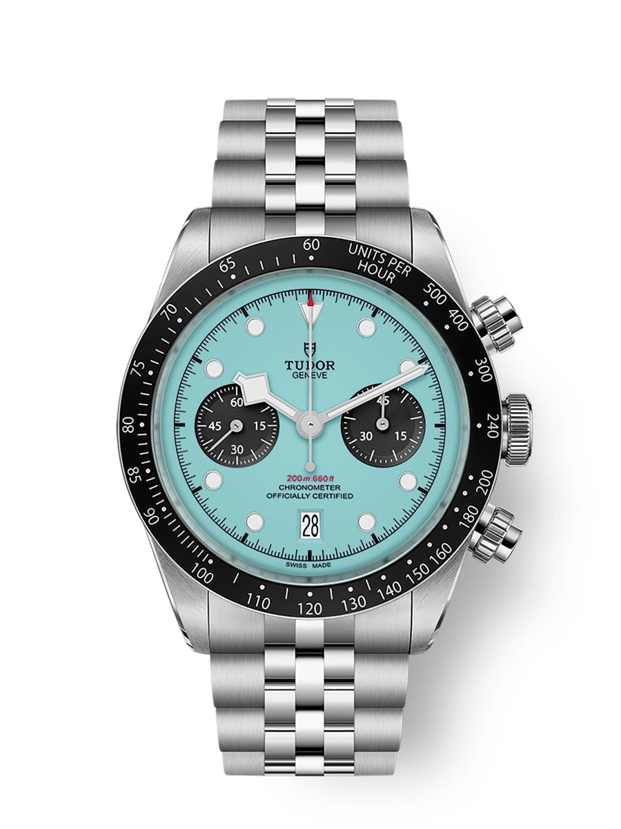 Tudor Black Bay Chrono M79360N-0024 men's chronograph watch, 41mm stainless steel case, Flamingo Blue turquoise dial, steel bracelet – front view