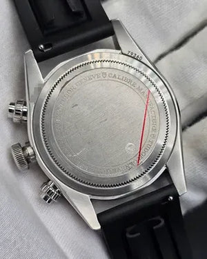 Tudor Black Bay Chrono men's chronograph watch, 41mm stainless steel case, black dial, black rubber strap – caseback view