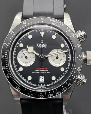 Tudor Black Bay Chrono men's chronograph watch, 41mm stainless steel case, black dial, black rubber strap – dial close-up