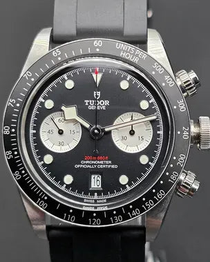 Tudor Black Bay Chrono men's chronograph watch, 41mm stainless steel case, black dial, black rubber strap – dial close-up
