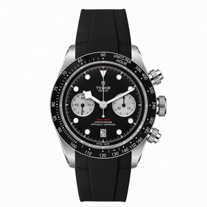 Tudor Black Bay Chrono men's chronograph watch, 41mm stainless steel case, black dial, black rubber strap – front view