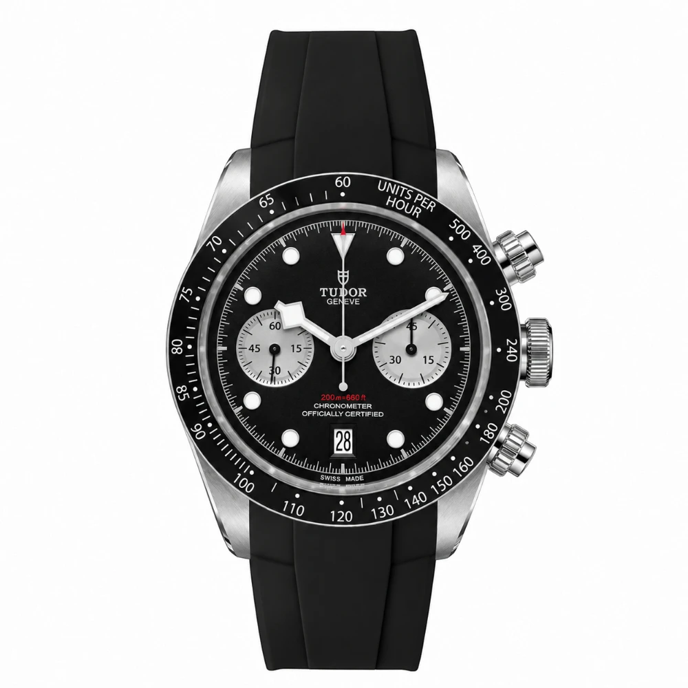 Tudor Black Bay Chrono men's chronograph watch, 41mm stainless steel case, black dial, black rubber strap – full front view