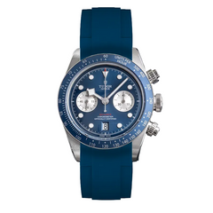 Tudor Black Bay Chrono men's chronograph watch, 41mm stainless steel case, blue dial, blue rubber strap – front view