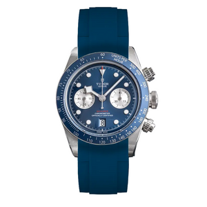 Tudor Black Bay Chrono men's chronograph watch, 41mm stainless steel case, blue dial, blue rubber strap – front view