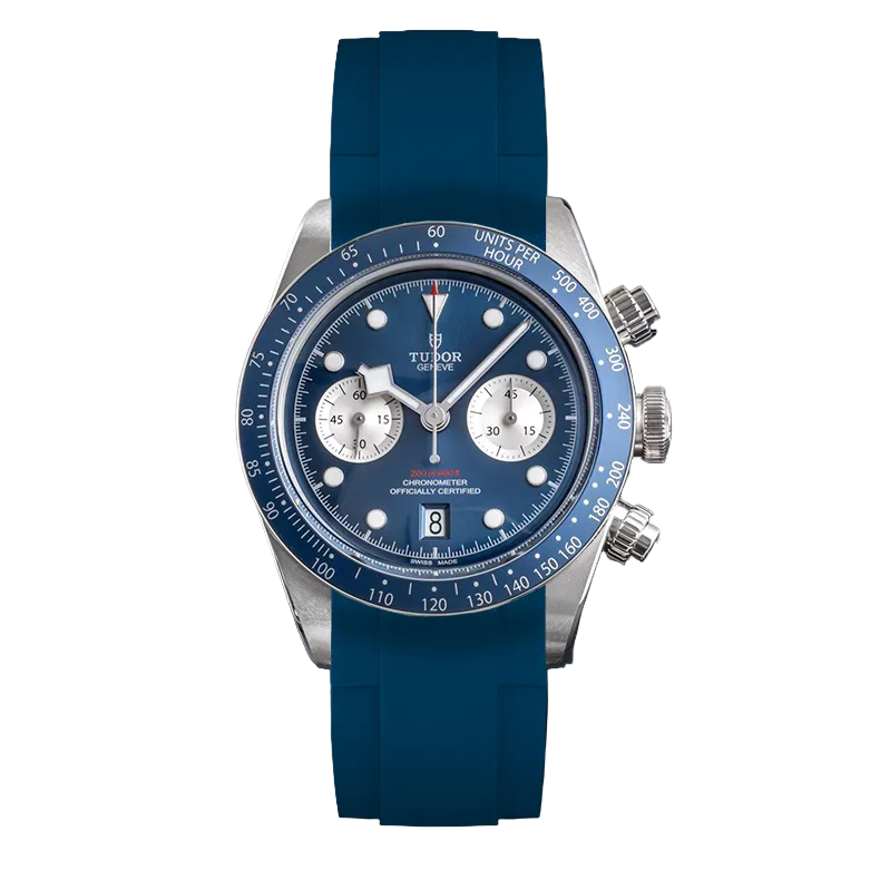 Tudor Black Bay Chrono men's chronograph watch, 41mm stainless steel case, blue dial, blue rubber strap – front view