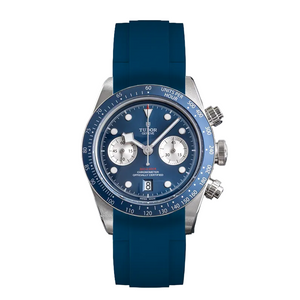 Tudor Black Bay Chrono men's chronograph watch, 41mm stainless steel case, blue dial, blue rubber strap – full front view