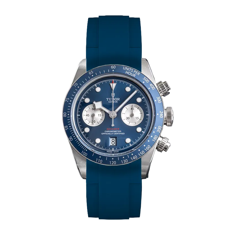 Tudor Black Bay Chrono men's chronograph watch, 41mm stainless steel case, blue dial, blue rubber strap – full front view