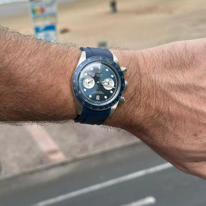 Tudor Black Bay Chrono men's chronograph watch, 41mm stainless steel case, blue dial, blue rubber strap – lifestyle wrist view