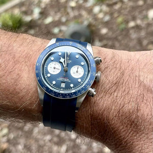 Tudor Black Bay Chrono men's chronograph watch, 41mm stainless steel case, blue dial, blue rubber strap – on wrist view