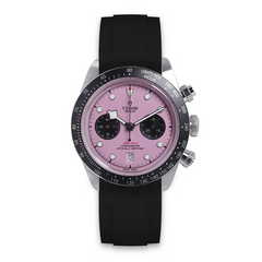 Tudor Black Bay Chrono men's chronograph watch, 41mm stainless steel case, pink dial, black rubber strap – front view
