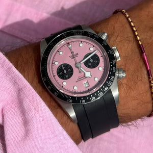 Tudor Black Bay Chrono men's chronograph watch, 41mm stainless steel case, pink dial, black rubber strap – on wrist view