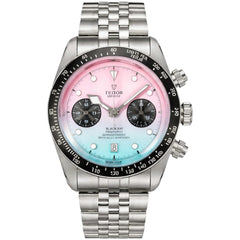 Tudor Black Bay Chrono men's chronograph watch, 41mm stainless steel case, pink and turquoise gradient dial, steel bracelet – front view