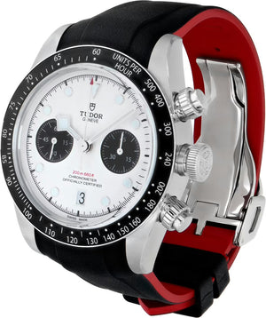 Tudor Black Bay Chrono men's chronograph watch, 41mm stainless steel case, white panda dial, black rubber strap – angle view