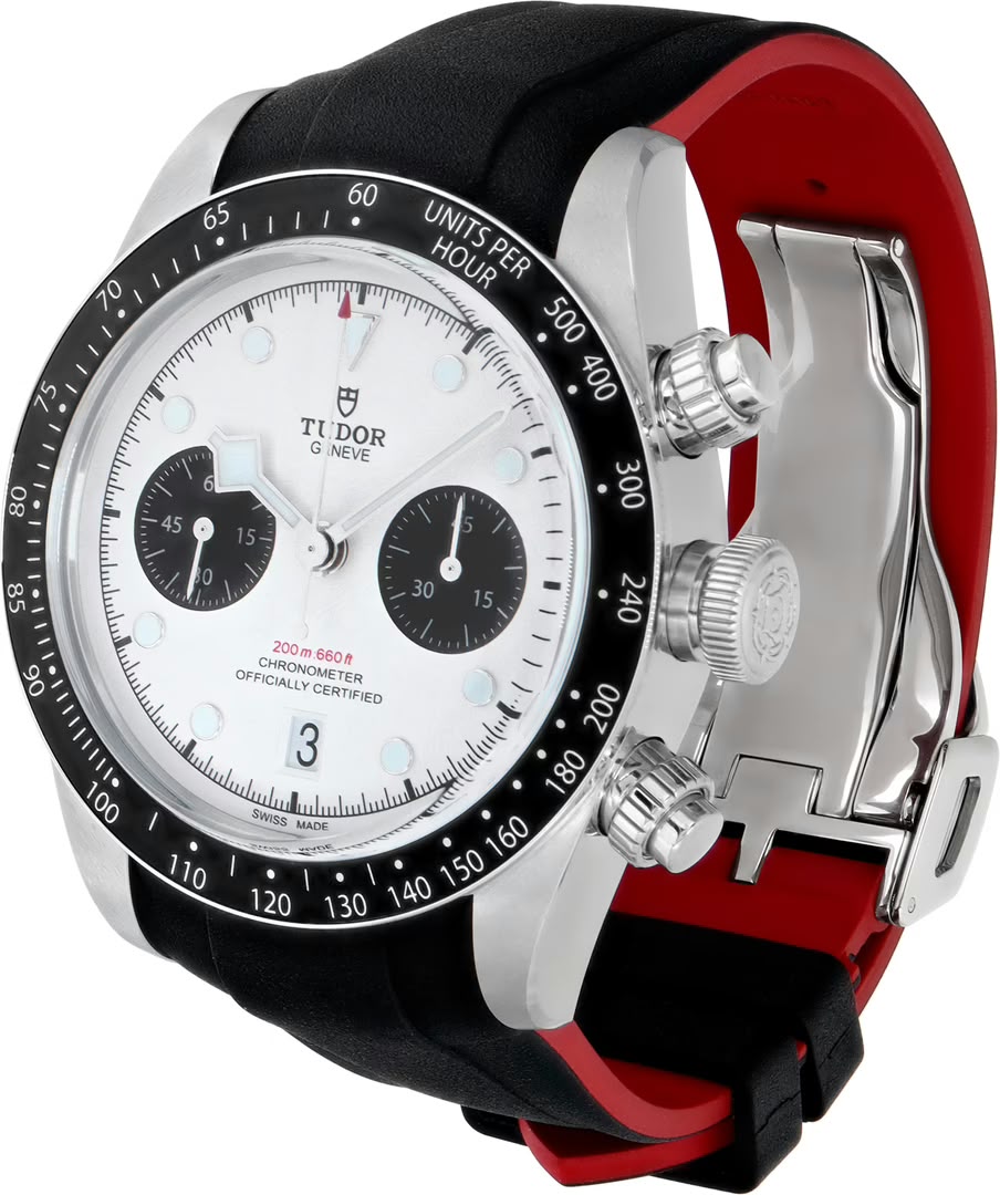 Tudor Black Bay Chrono men's chronograph watch, 41mm stainless steel case, white panda dial, black rubber strap – angle view