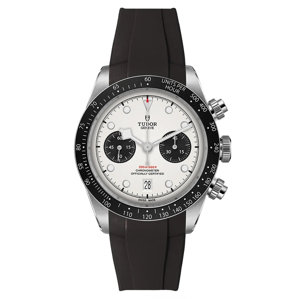 Tudor Black Bay Chrono men's chronograph watch, 41mm stainless steel case, white panda dial, black rubber strap – front view
