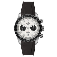 Tudor Black Bay Chrono men's chronograph watch, 41mm stainless steel case, white panda dial, black rubber strap – front view