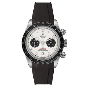 Tudor Black Bay Chrono men's chronograph watch, 41mm stainless steel case, white panda dial, black rubber strap – front view