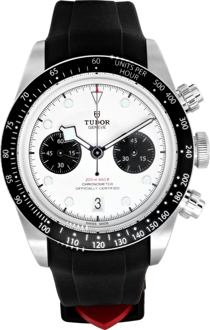 Tudor Black Bay Chrono men's chronograph watch, 41mm stainless steel case, white panda dial, black rubber strap – full front view