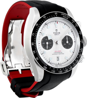 Tudor Black Bay Chrono men's chronograph watch, 41mm stainless steel case, white panda dial, black rubber strap – side angle view