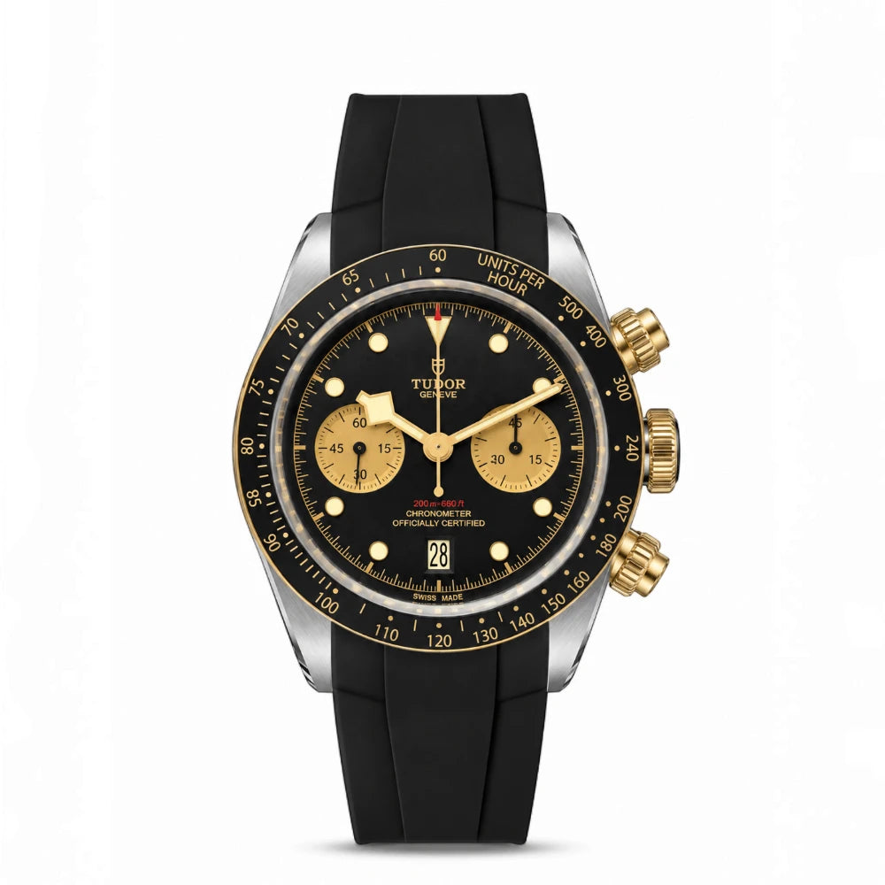 Tudor Black Bay Chrono S&G men's chronograph watch, 41mm steel and yellow gold case, champagne chronograph counters, black rubber strap – front view