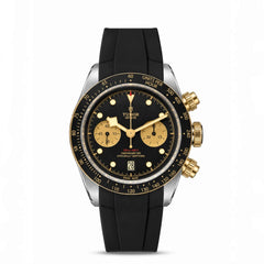 Tudor Black Bay Chrono S&G men's chronograph watch, 41mm steel and yellow gold case, champagne chronograph counters, black rubber strap – front view