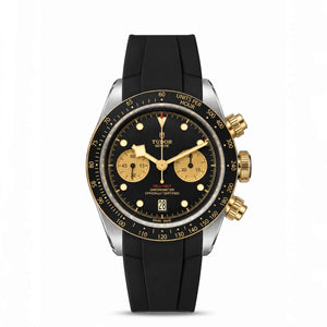 Tudor Black Bay Chrono S&G men's chronograph watch, 41mm steel and yellow gold case, champagne chronograph counters, black rubber strap – front view
