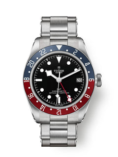 Tudor Black Bay GMT M79830RB-0001 men's GMT watch, 41mm stainless steel case, black dial, blue and burgundy bezel, steel bracelet – front view