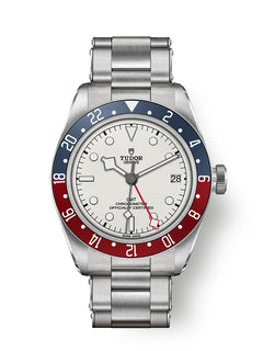 Tudor Black Bay GMT M79830RB-0010 men's GMT watch, 41mm stainless steel case, white opaline dial, blue and burgundy bezel, steel bracelet – front view