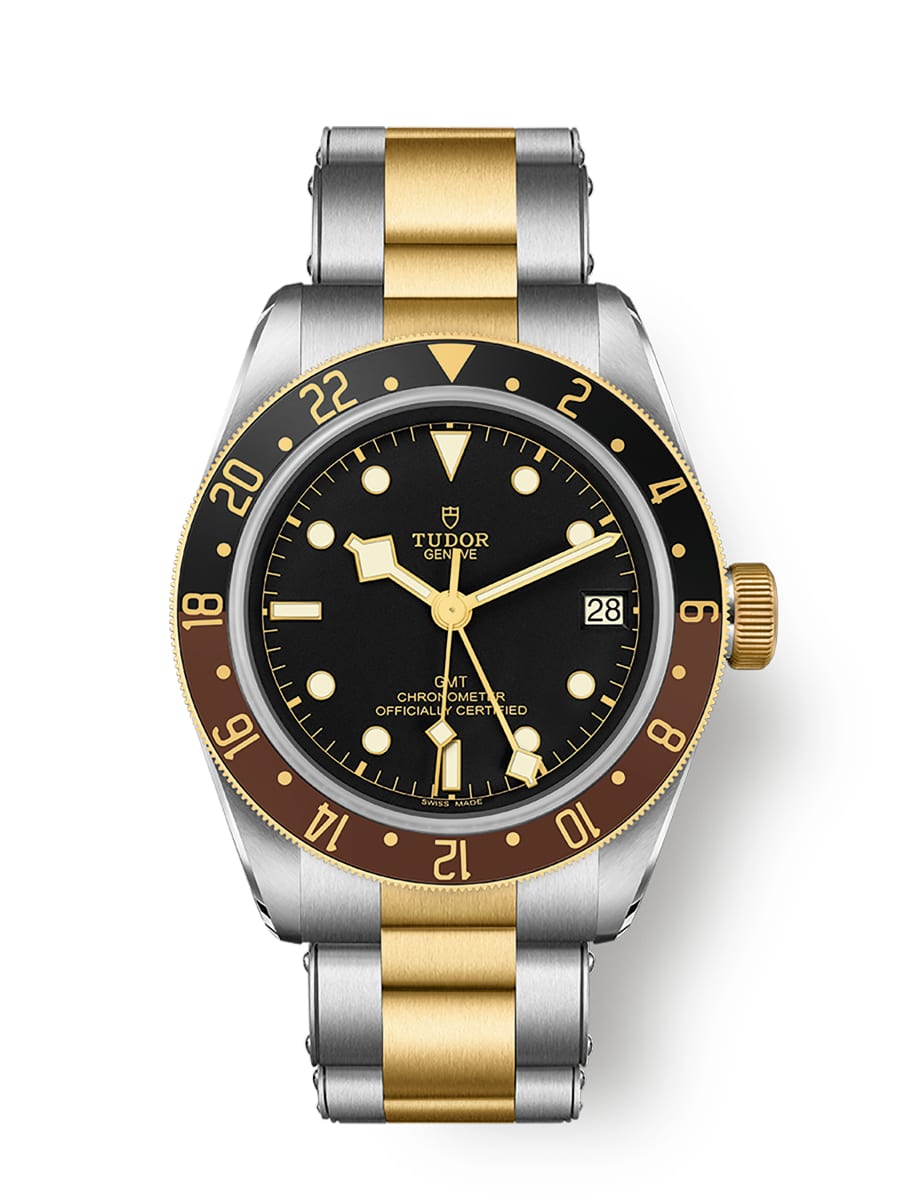 Tudor Black Bay GMT S&G M79833MN-0001 men's GMT watch, 41mm steel and yellow gold case, black dial, brown and black bezel, two-tone bracelet – front view