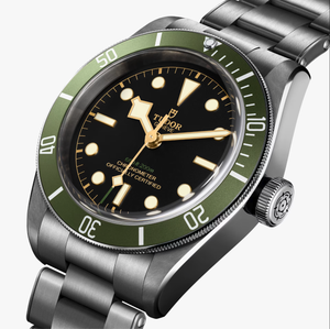Tudor Black Bay Harrods Edition M79230G-0001 men's automatic dive watch, 41mm stainless steel case, black dial, green bezel, steel bracelet – angle close-up