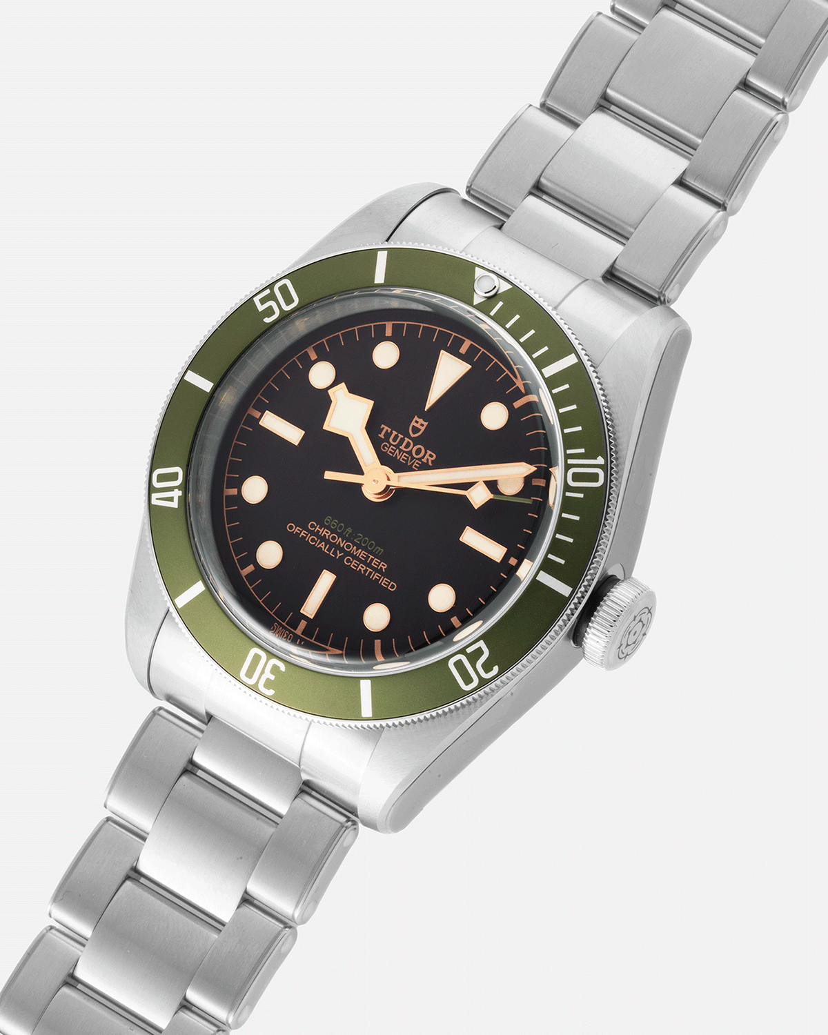 Tudor Black Bay Harrods Edition M79230G-0001 men's automatic dive watch, 41mm stainless steel case, black dial, green bezel, steel bracelet – angle view