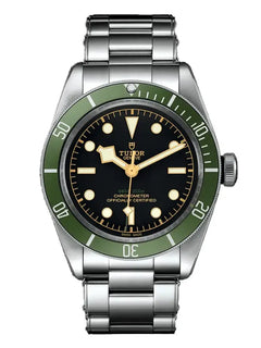 Tudor Black Bay Harrods Edition M79230G-0001 men's automatic dive watch, 41mm stainless steel case, black dial, green bezel, steel bracelet – front view
